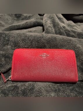 Coach Red Textured Zip Around Wallet with Silver Logo